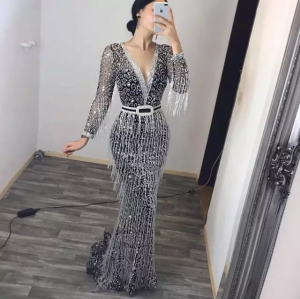 Sexy V-neck long-sleeve diamond belt tassel Dress fashion elegant Spring summer dress